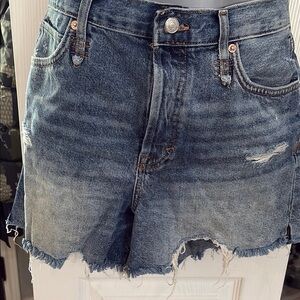 Distressed Blue Jean Shorts with Frayed Hem